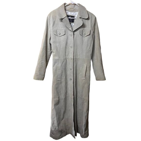 VTG Maxima Wilsons Green Tan Leather Long Trench Coat 90s Women's size Medium - Picture 1 of 9